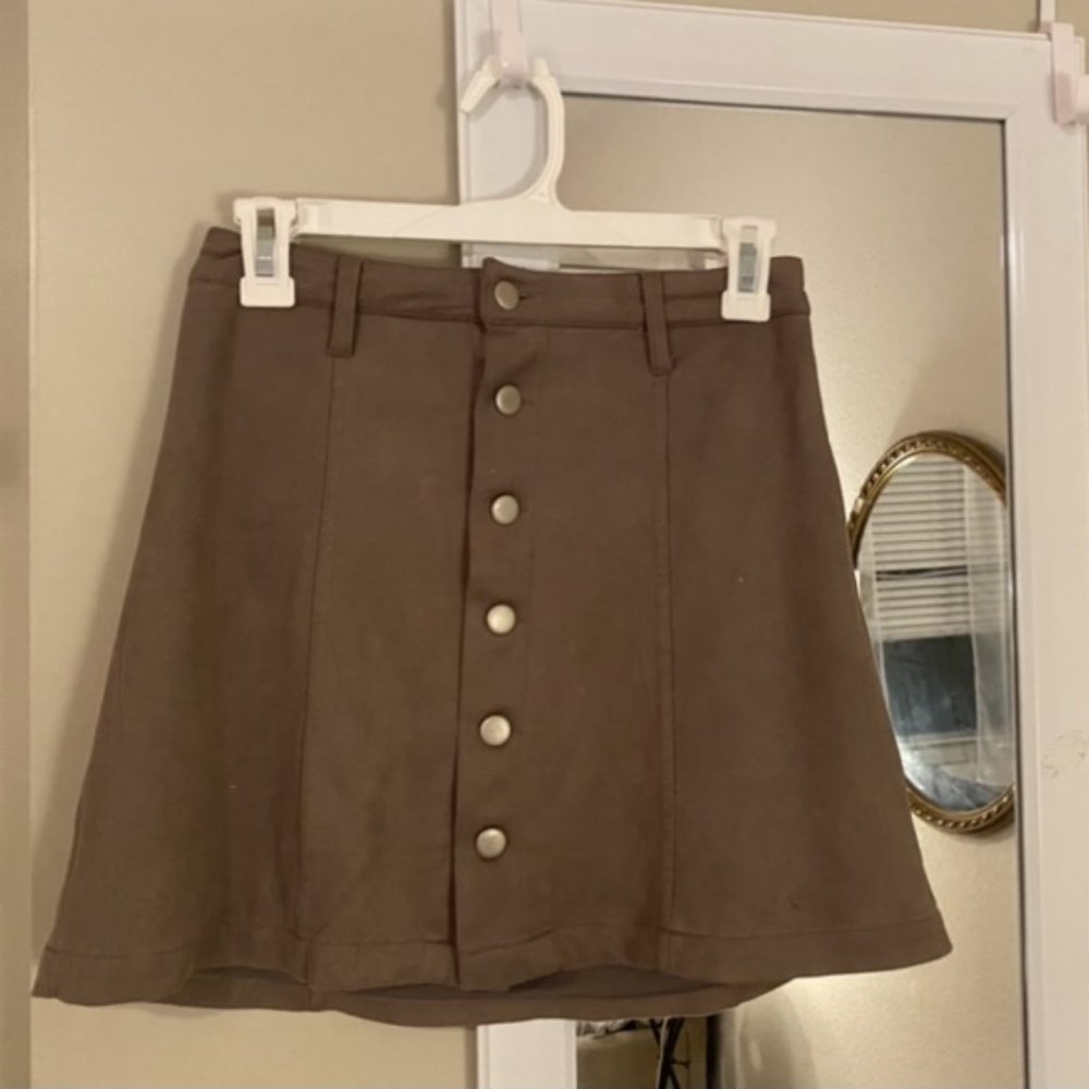 Olivaceous Suede Button-Up Mini Skirt